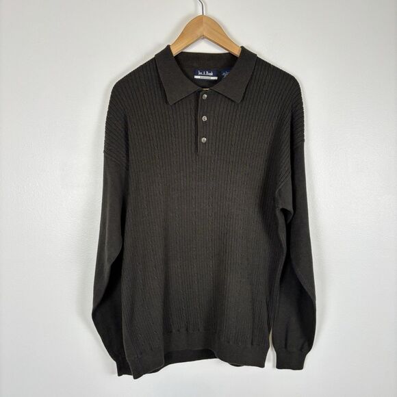 VTG Jos A Bank Mens Large Polo Sweater Dark Olive Green Button Pullover Cotton - Picture 1 of 5